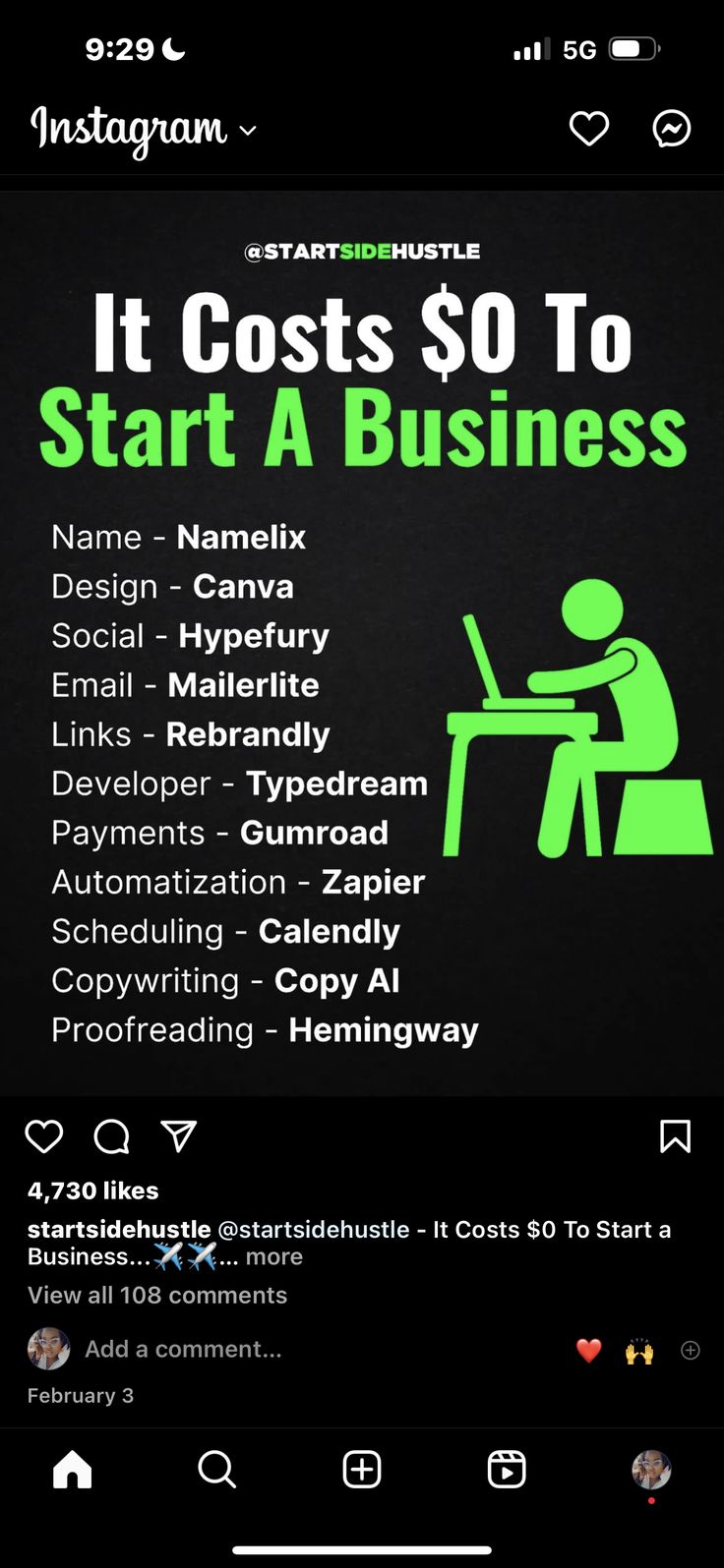 an image of a person sitting at a desk with the text it cost $ 0 to start a business