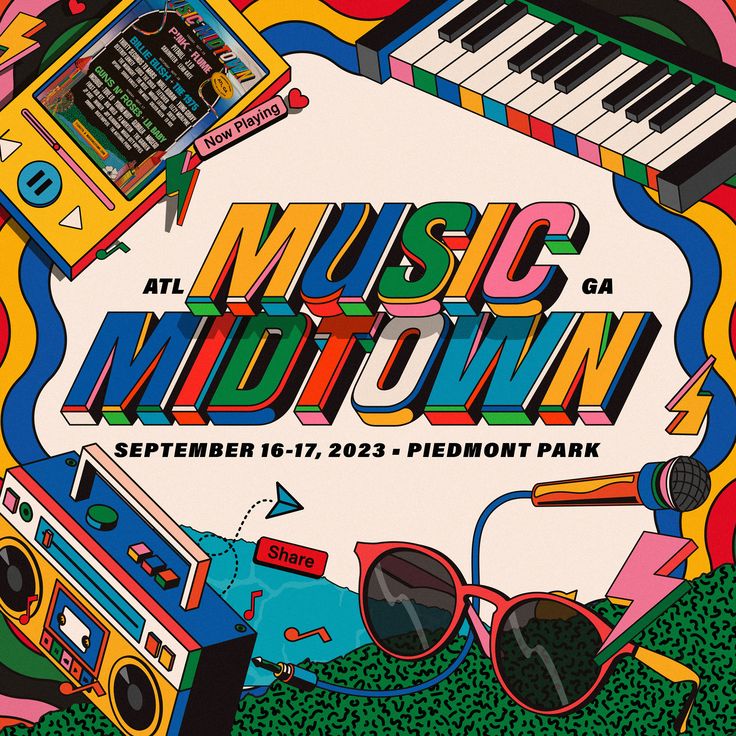 the poster for music midtown featuring various musical instruments and sound equipment, including an old school keyboard