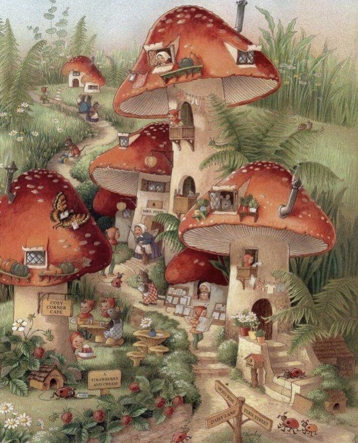 an image of a group of mushroom houses in the forest with many people inside them