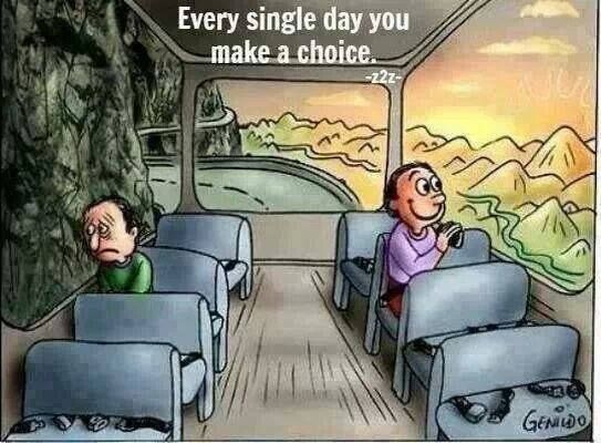 two people sitting in seats on a bus with the words every single day you make a choice