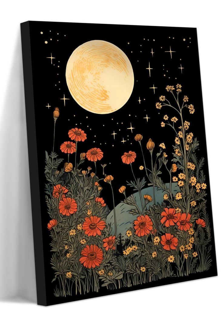 a black and yellow painting with flowers in front of a full moon on the night sky