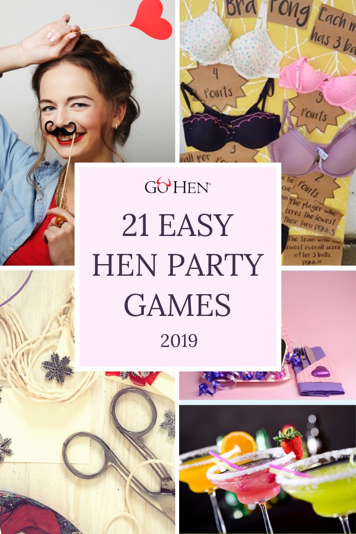 collage of photos with text that reads, 21 easy hen party games