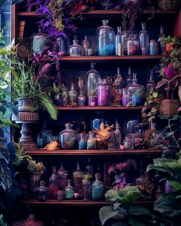 a shelf filled with lots of plants and jars