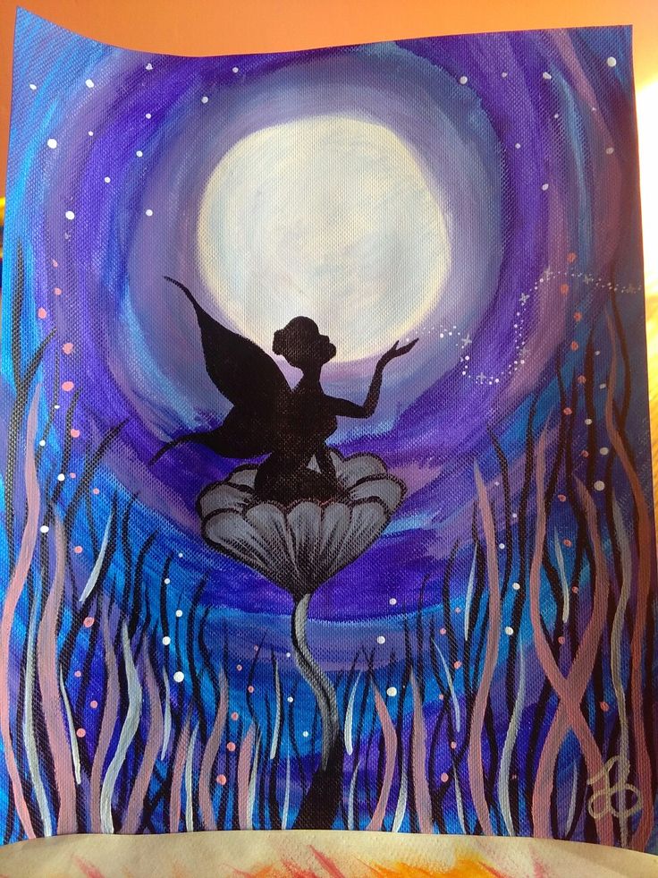 an acrylic painting of a fairy sitting on a flower in front of a full moon