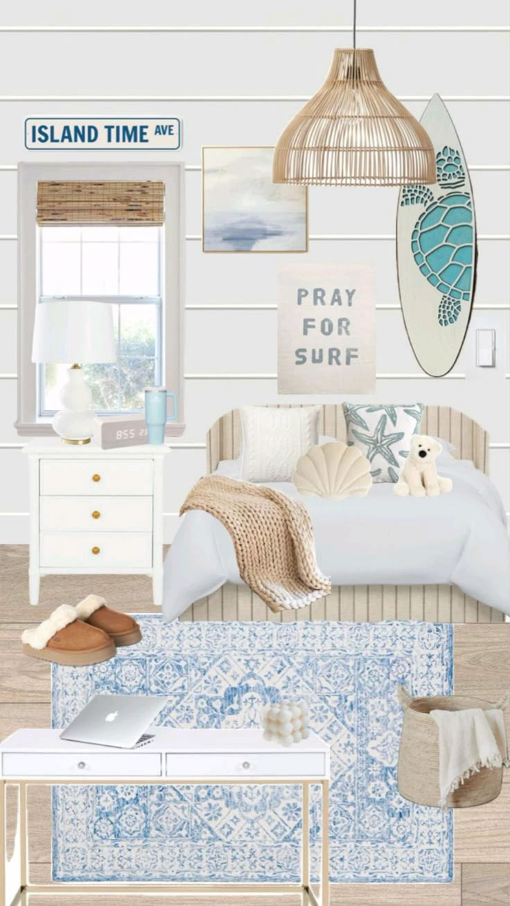 a bedroom with blue and white decor, including a surfboard hanging above the bed