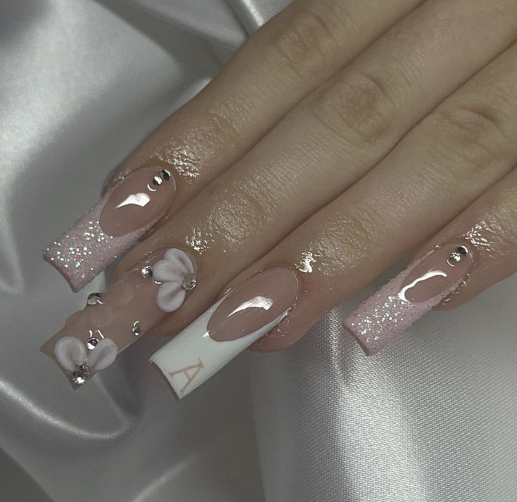 Acrylic Nails Coffin Pearl Pink, Short Acrylic Nails Designs With Initial, Acrylic Nails With His Initial, Short Pink Acrylic Nails With Initial, Acrylic Nails W Initials, Pink Nails With Initials Acrylic, A On Nails Initial, Nails With Initials Acrylic Almond, N Initial Nails