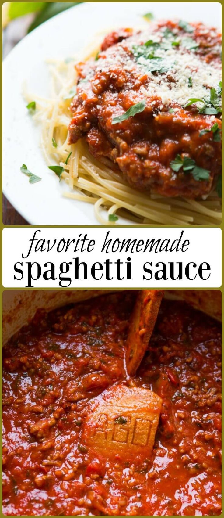 spaghetti sauce is being stirred in a skillet