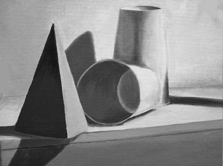 a black and white painting of two vases on a table with one cone in the foreground