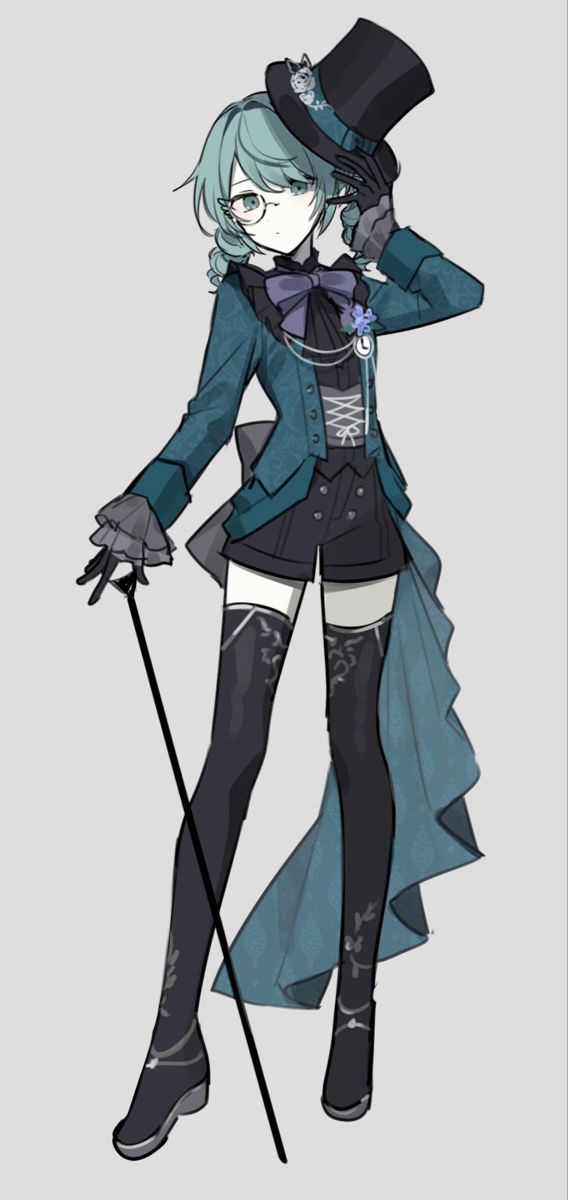 a drawing of a woman with blue hair wearing a top hat and holding a cane