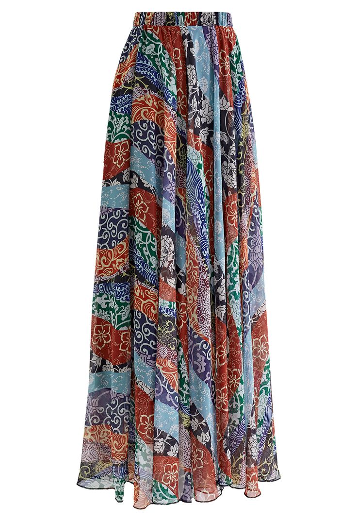 Brighten up your wardrobe with this fun, flowy boho maxi skirt! This stunning skirt has an elastic waist to accentuate your natural curves and the artistic print for its boho finish.           Chiffon fabric finished   Bohemian style   Blossom print   Elastic waistband   Slightly asymmetric hem   Lined   100% Polyester   Hand wash cold        size & fit          CM    IN                            Size          Length          Waist                      XS-S          100-105          58-68                      M-L          100-105          70-80                    XL-XXL          100-105          82-92                                               Size          Length          Waist                      XS-S          39.5-41.5          23-26.5                      M-L          39.5-41.5 Maxi Skirt Blue, Boho Maxi Skirt, Skirt Winter, Chiffon Maxi Skirt, Maxi Skirt Boho, Boho Skirt, Blossom Print, Chic Top, Chiffon Maxi