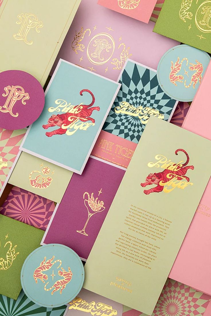 Estudio Albino brings 70s flair to life with the Pink Tiger restaurant's brand identity.The vibrant palette and vintage motifs create a nostalgic yet modern dining experience, showcasing the perfect blend of bold branding and stunning visual elements. - Fivestar Branding Agency Is A Design and Branding Agency. This Work Belongs to The Accredited Artist and Is Curated For Inspiration Only #BrandIdentity #RestaurantBranding #Typography #MenuDesign #LogoDesign #IdentityDesign #CollateralDesign Asian Restaurant Branding Design, Event Brand Identity, Modern Brand Identity Design, Cool Brand Identity, Brand Identity Typography, Bright Branding Design, Makeup Brand Identity, Vibrant Brand Identity, Brand Identity Color Palette