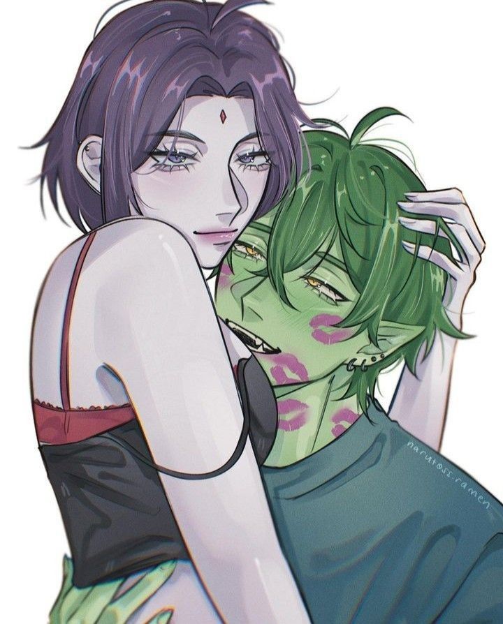 two people with green hair hugging each other