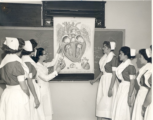 women in nurses'uniforms are standing around a chalkboard with a drawing on it