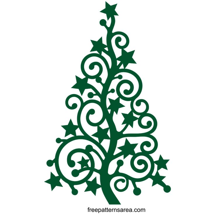 a green christmas tree with stars and swirls on the top, in front of a white background