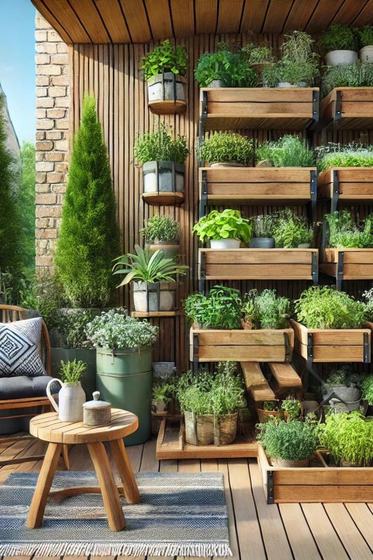 an outdoor living area with wooden shelves filled with plants