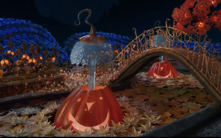 an animated scene with pumpkins on the ground