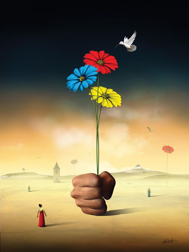 a person holding a flower in their hand with a bird flying over it and the sky behind them