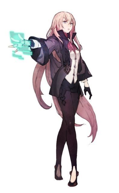 an anime character with long pink hair and black clothes holding a light green object in her hand