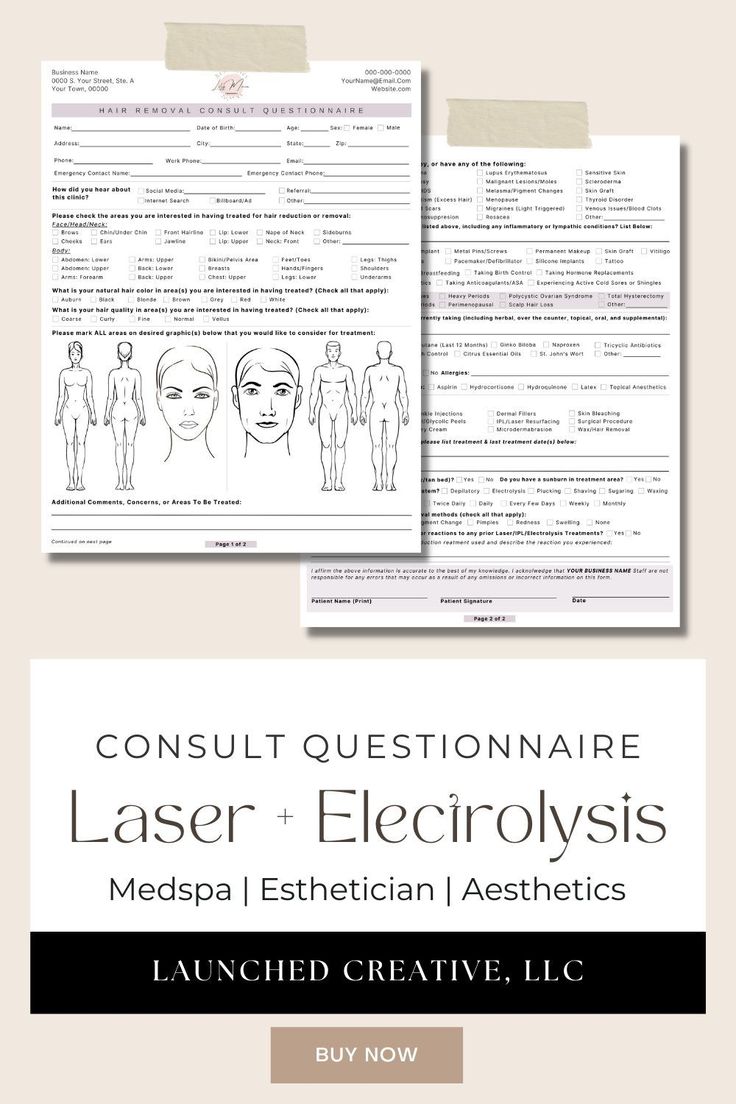 Aesthetics Laser Hair Reduction and Electrolysis Hair Removal Consult Questionnaire Canva Template is a great intake form so you can get to know more about your client's hair removal needs, desired treatment areas and suitable treatment type screening. Includes medical and medication history screening questions relevant to Laser Hair Reduction and Electrolysis Hair Removal treatments. Electrolysis Hair Removal, Laser Hair Reduction, Intake Form, Skin Grafting, Anniversary Greeting Cards, Emergency Contact, Hair Reduction, Laser Hair, Laser Hair Removal