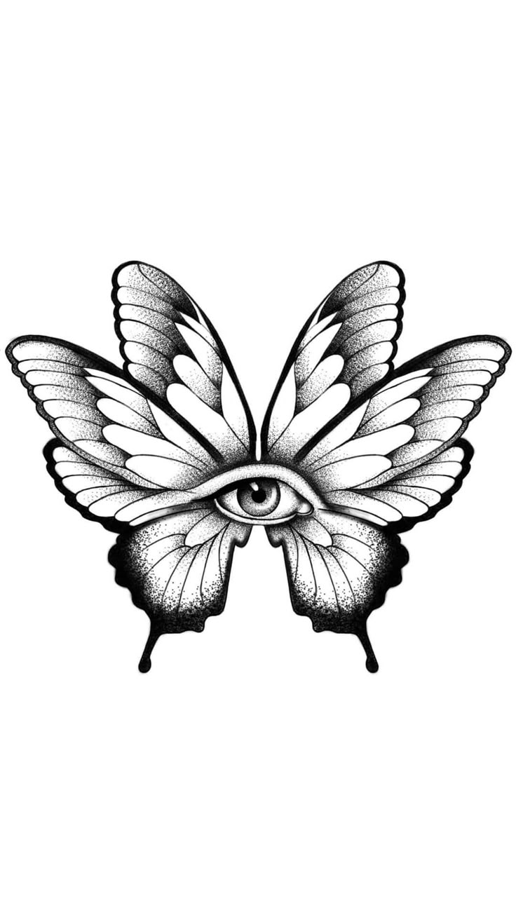 a drawing of a butterfly with an eye on it's back end and wings spread out