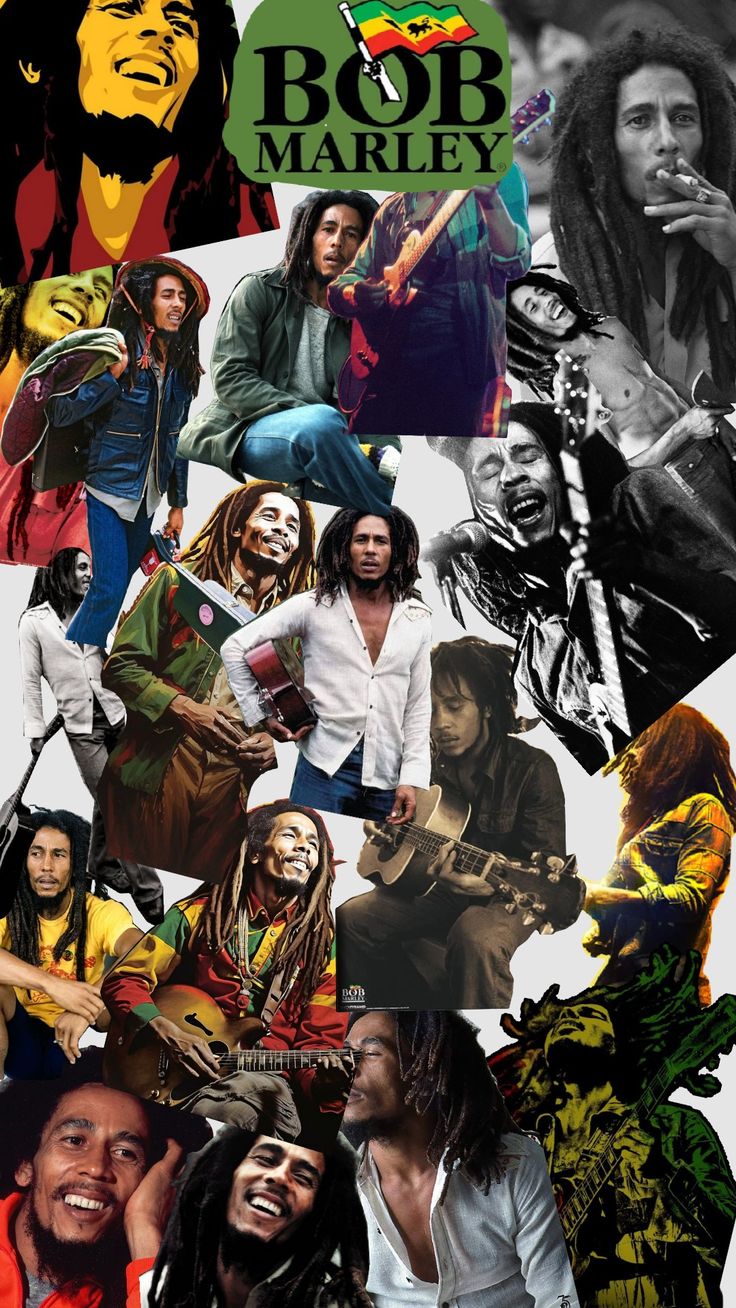 a collage of bob marley's pictures and his name is bob marley on the bottom right hand corner