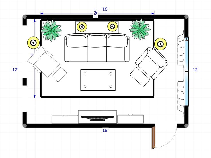 the floor plan for a living room with couches and coffee tables, as well as two