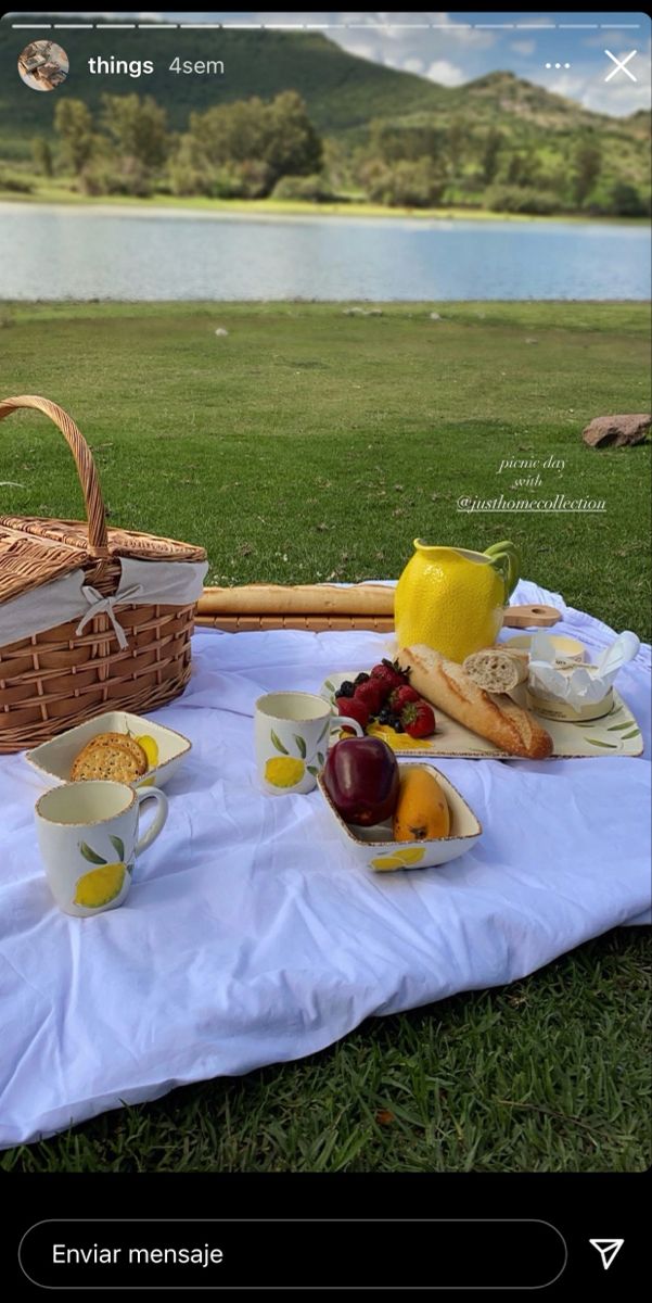 a picnic is set up on the grass near a lake