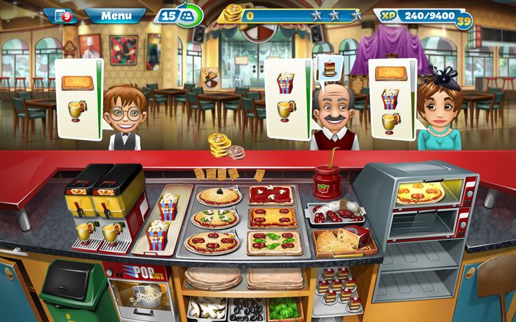 the game is showing two people in front of a counter with food and drinks on it