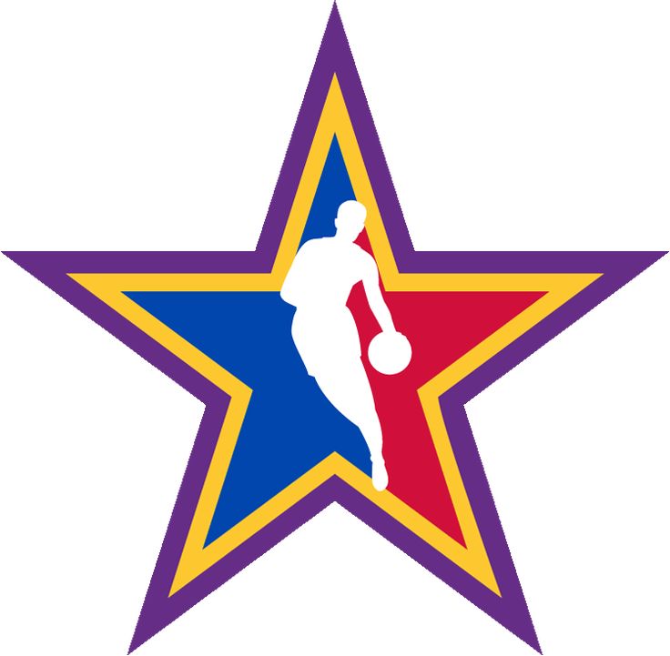 a star with a basketball player in the center and a ball on it's side