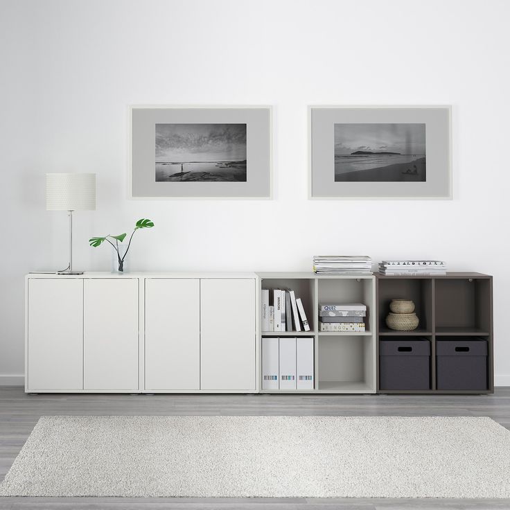 two black and white pictures hang on the wall above a bookcase in a living room