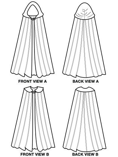 the cape pattern is shown in three different styles and sizes, including one with an attached collar