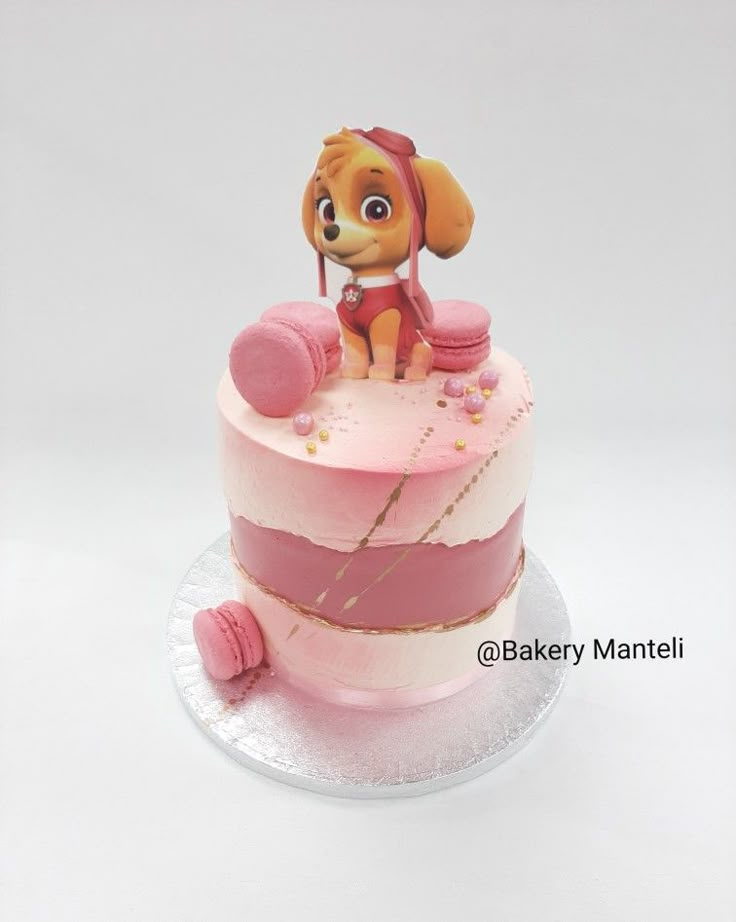 a pink and white cake with a dog on top