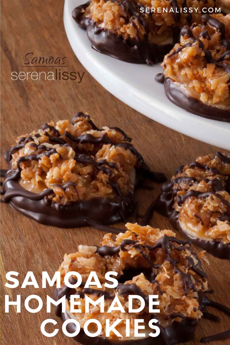 chocolate covered cookies on a plate with the words samosas homemade cookies