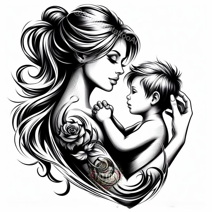 a woman holding a child in her arms with flowers on the shoulder and an image of a