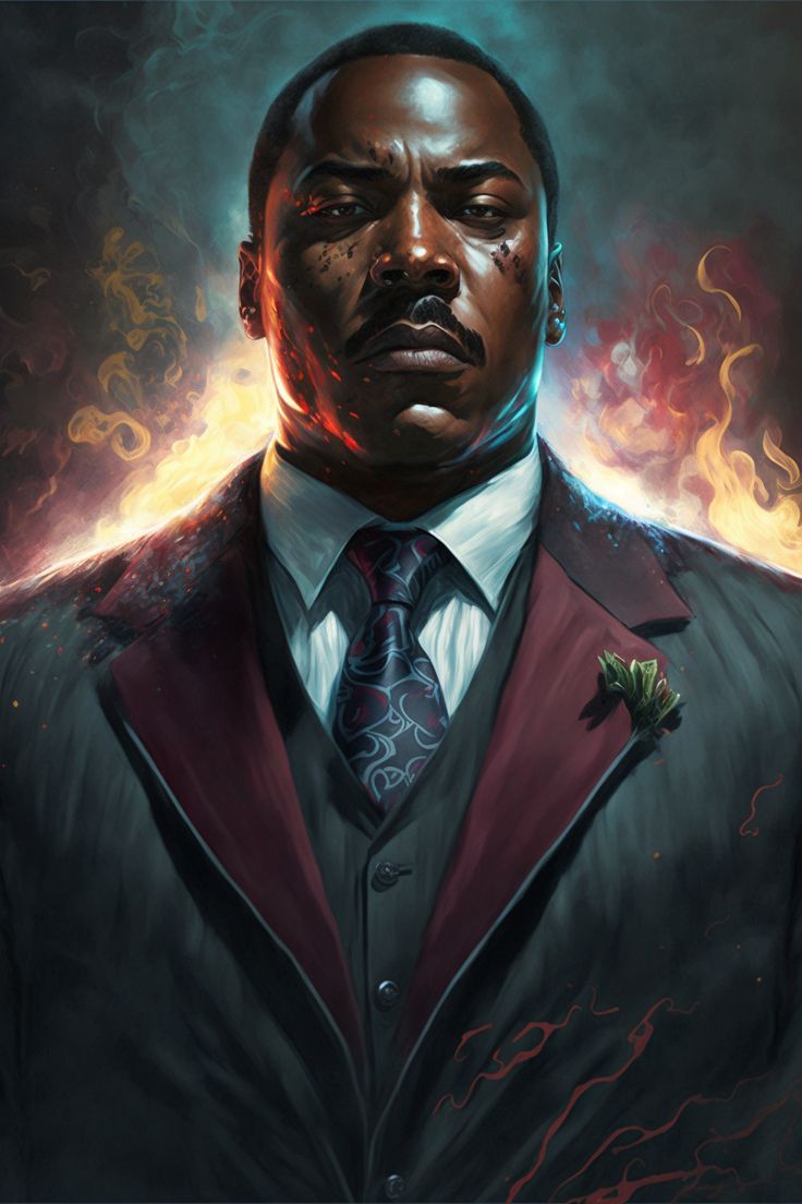 a painting of a man in a suit and tie with flames coming out of his chest