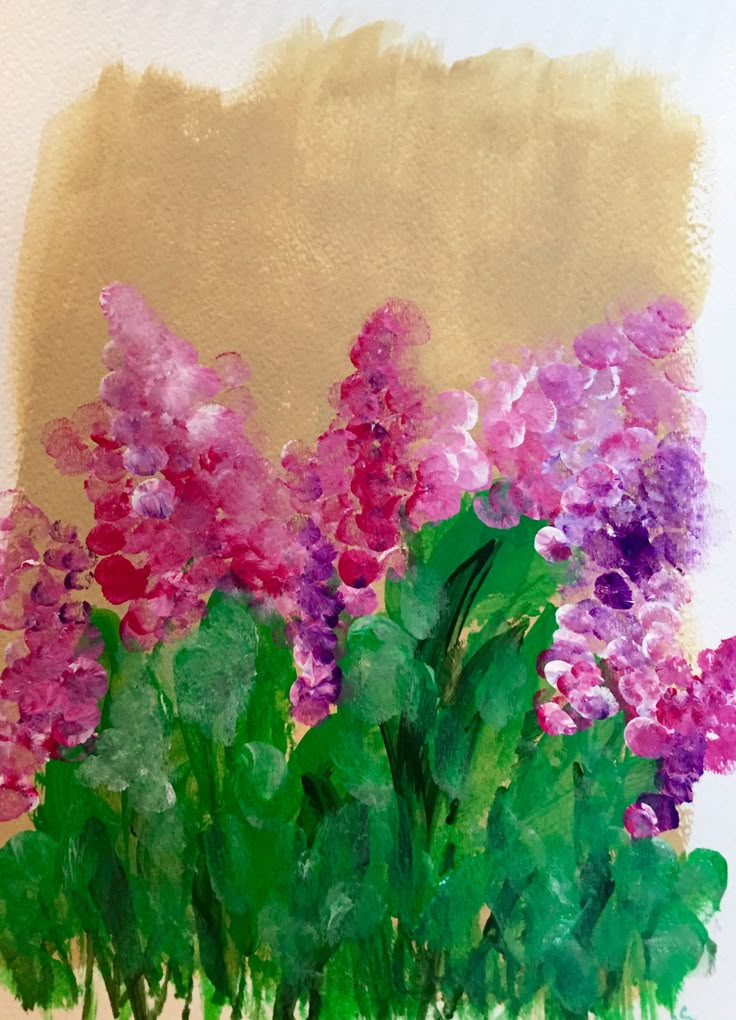 a painting of pink and purple flowers in a vase