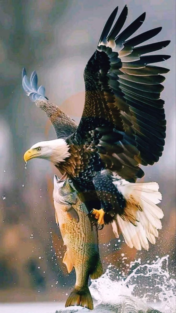 an eagle is holding a fish in its talon while it's landing on the water