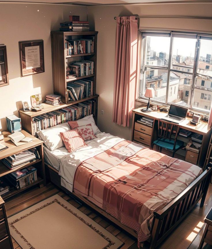 a bedroom with a bed, desk and bookshelf next to a large window