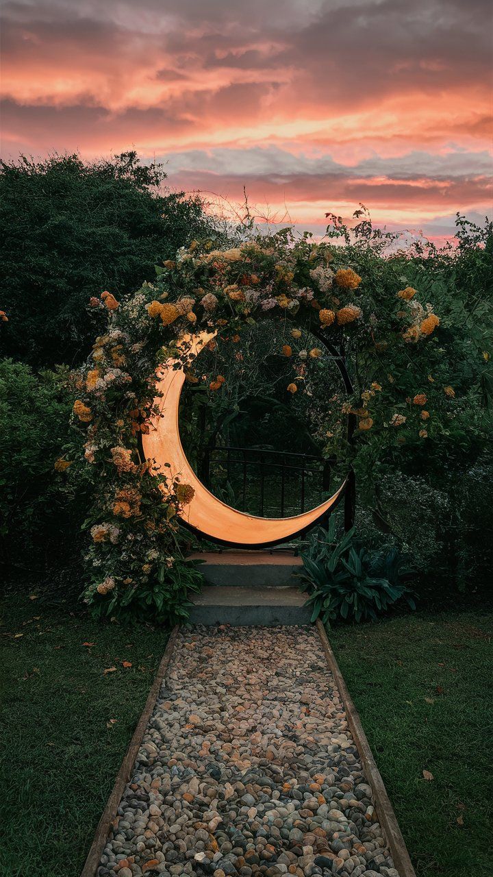 an arch with flowers on it is lit up by the sun setting over some bushes