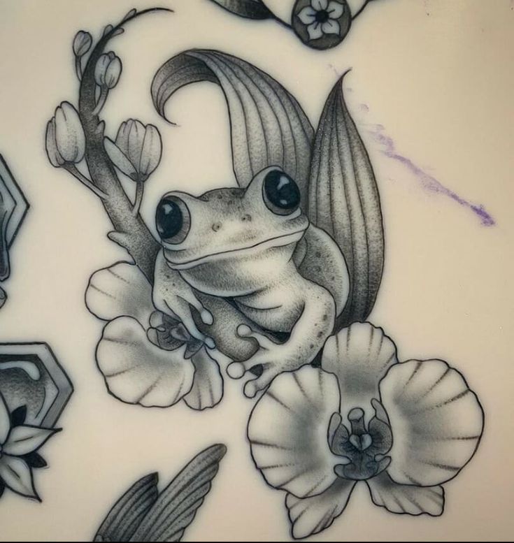 Froggy Orchid Tattoo Idea Name Cover Up Tattoos For Women Shoulder, Frog With Flower Drawing, Lily Pad And Frog Tattoo, Frog And Bee Tattoo, Frog In Flowers Tattoo, Orchid Half Sleeve Tattoo, Girly Frog Tattoo, Glass Frog Tattoo, Whimsical Frog Tattoo