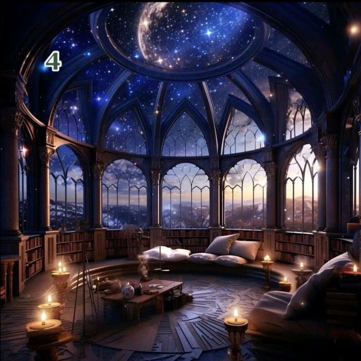 a room filled with lots of windows and furniture under a sky filled with stars in the ceiling