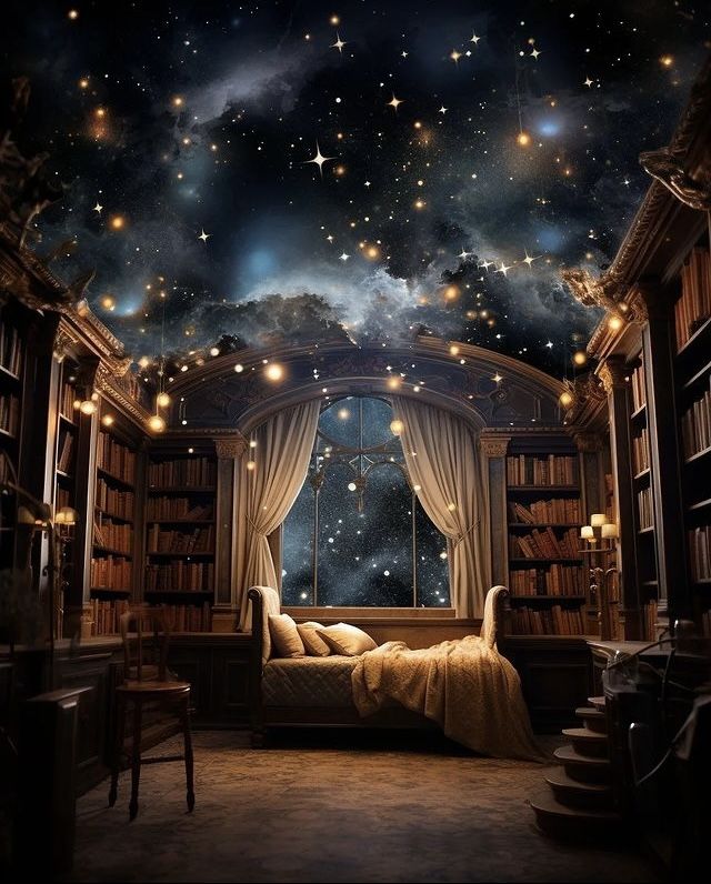 an image of a bedroom with bookshelves and stars in the sky above it