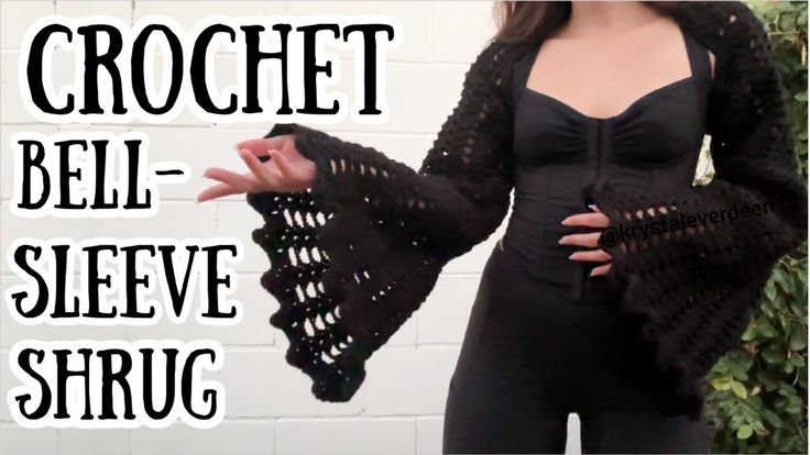 the crochet bell sleeve shrug pattern is shown with text overlaying it