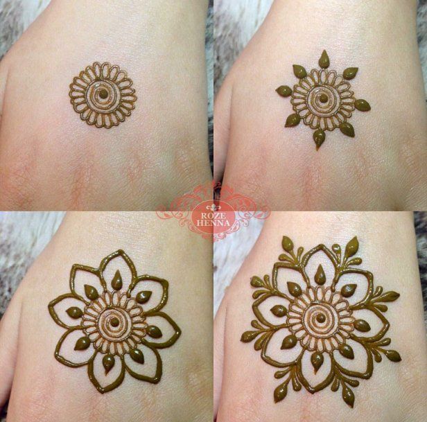 four different pictures of hendi tattoos on someone's hand and foot, all showing the