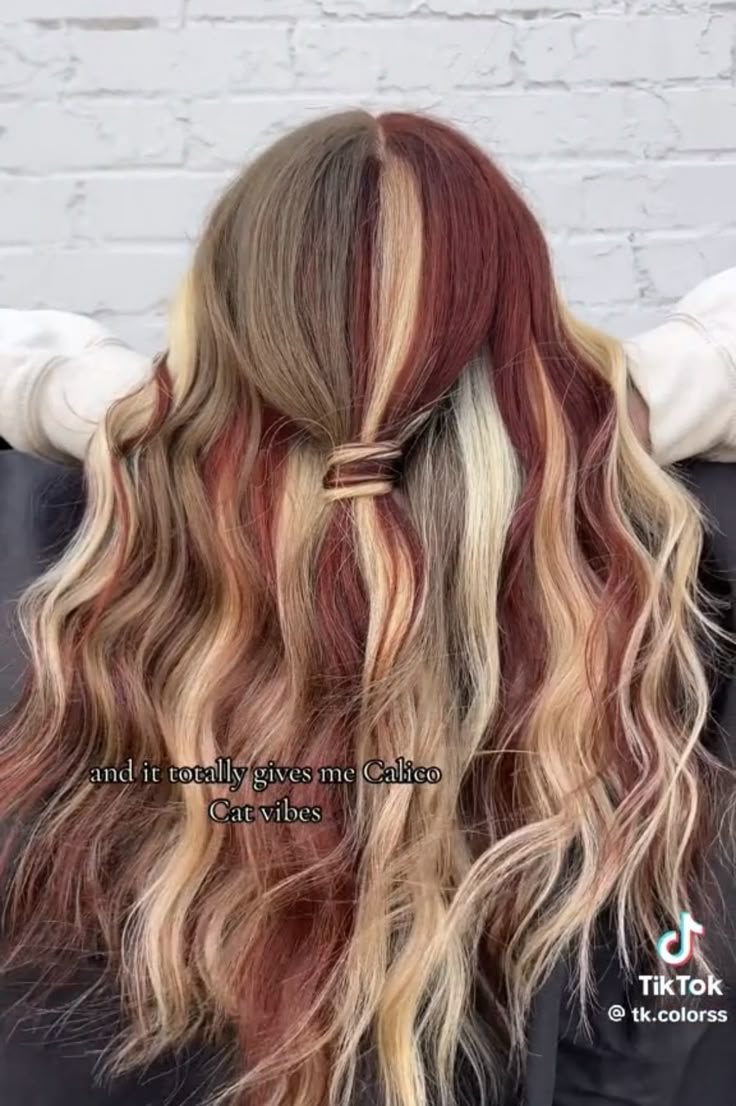 Weft Extension Hairstyles, 3 Colour Hair Dye, Dyed Hair With Natural Roots, Hair Dye Ideas On Blonde Hair, Black And Copper Split Dye, Red Blond And Brown Hair, Hair Ideas For Blondes Color, Color Block Hairstyle, Brunette With Blonde And Red Highlights