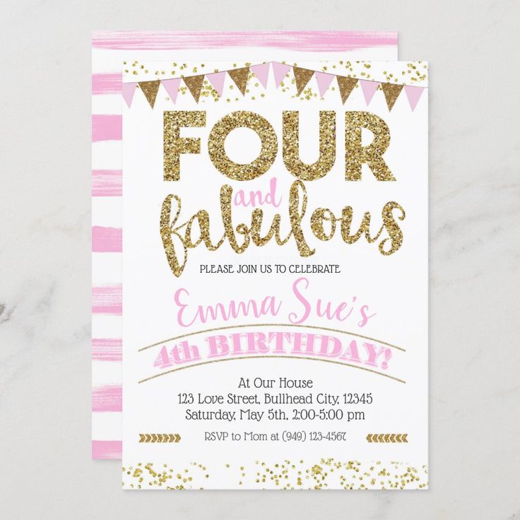 a pink and gold birthday party card with the words four fabulous fabulouss on it