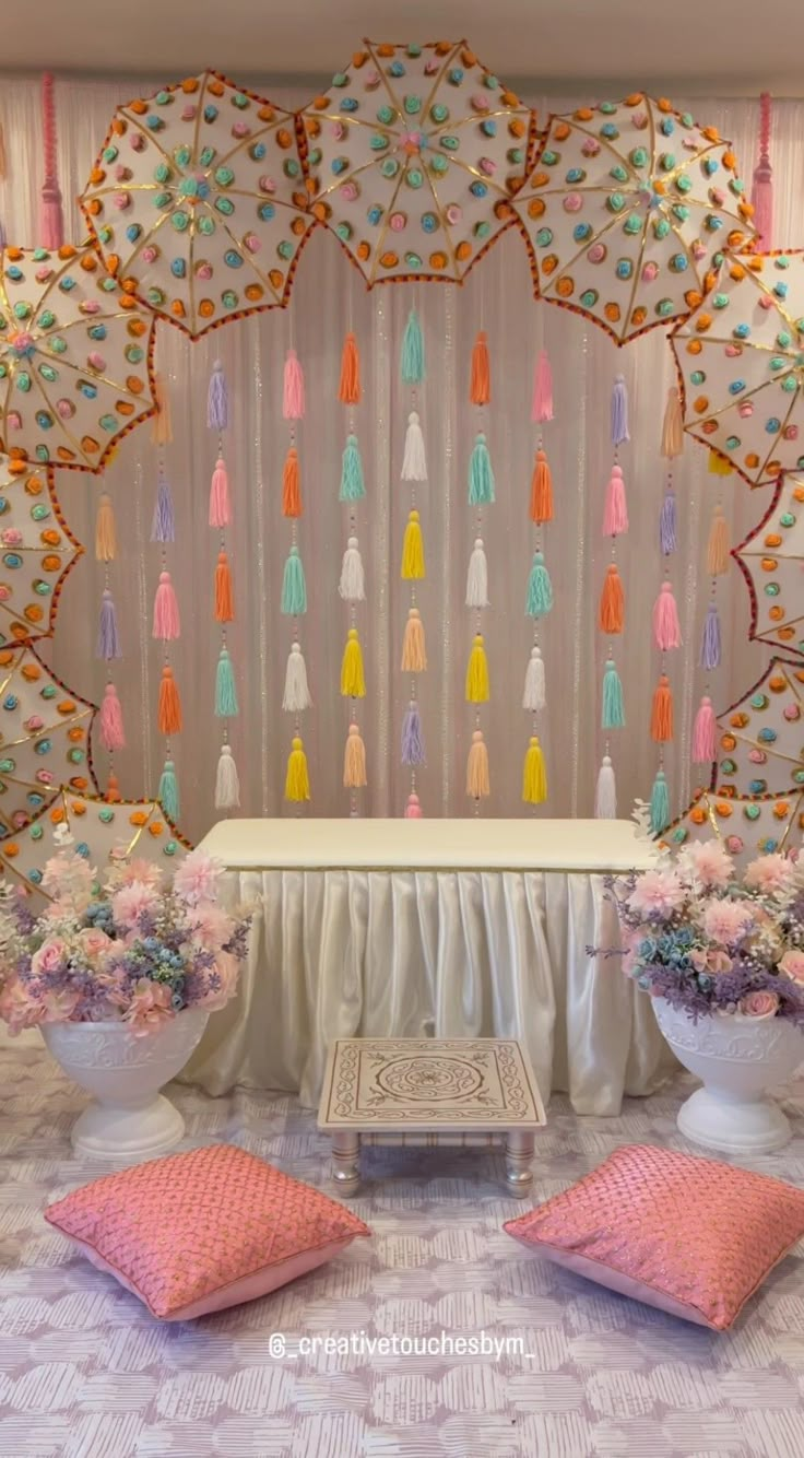 an image of a room decorated in pastel colors and with flowers on the wall