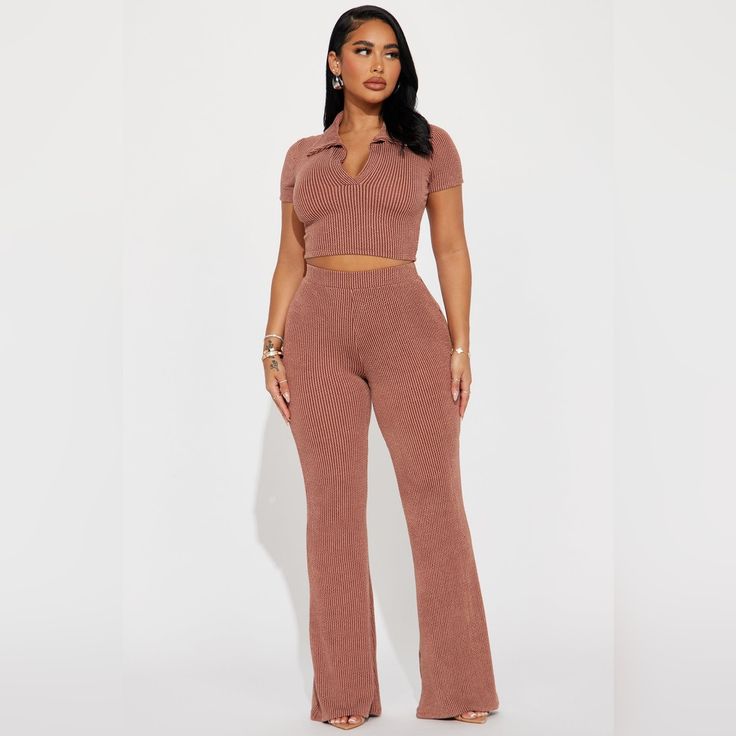 Brand New Pant Set. Cute And Stretchy. Sold Out Online. Chocolate Fashion, Week Outfits, Stephanie Rao, La Fashion Week, Fashion Nova Pants, Cropped Flares, Navy Fashion, Pant Sets, Church Outfits