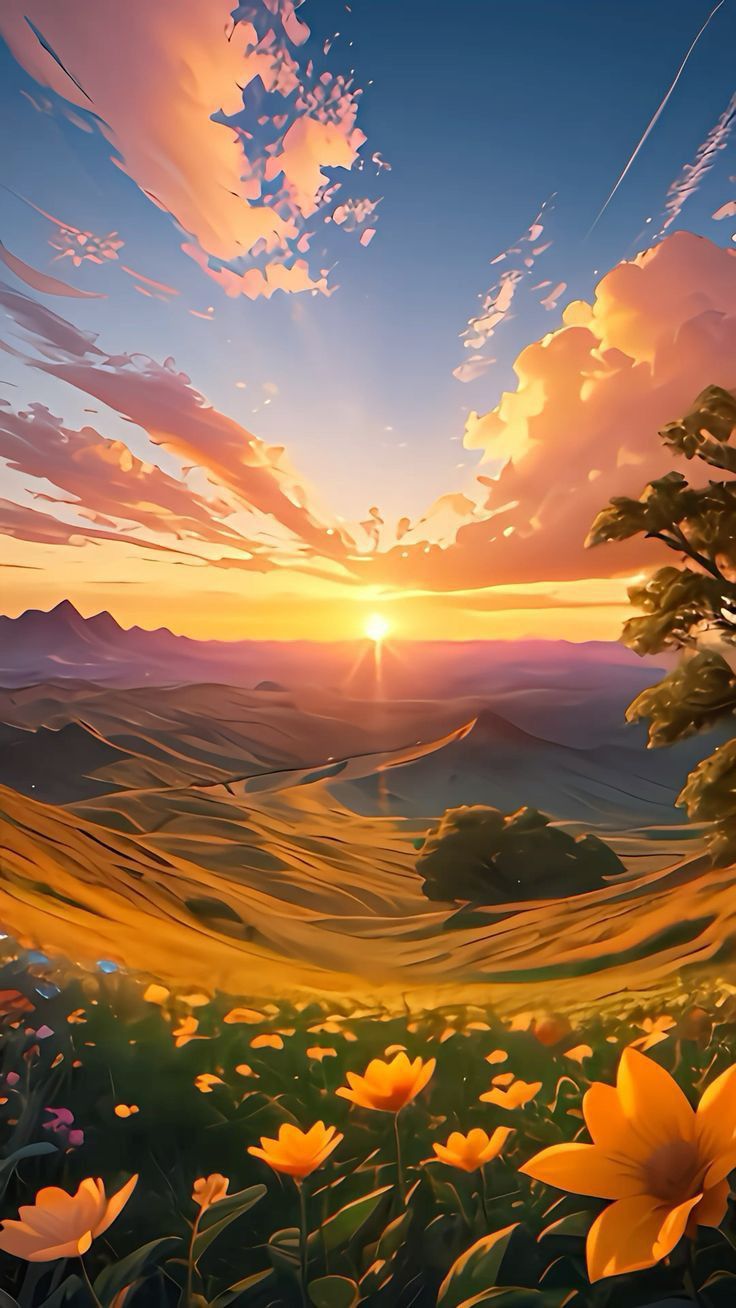 the sun is setting over a beautiful landscape with yellow flowers and mountains in the background