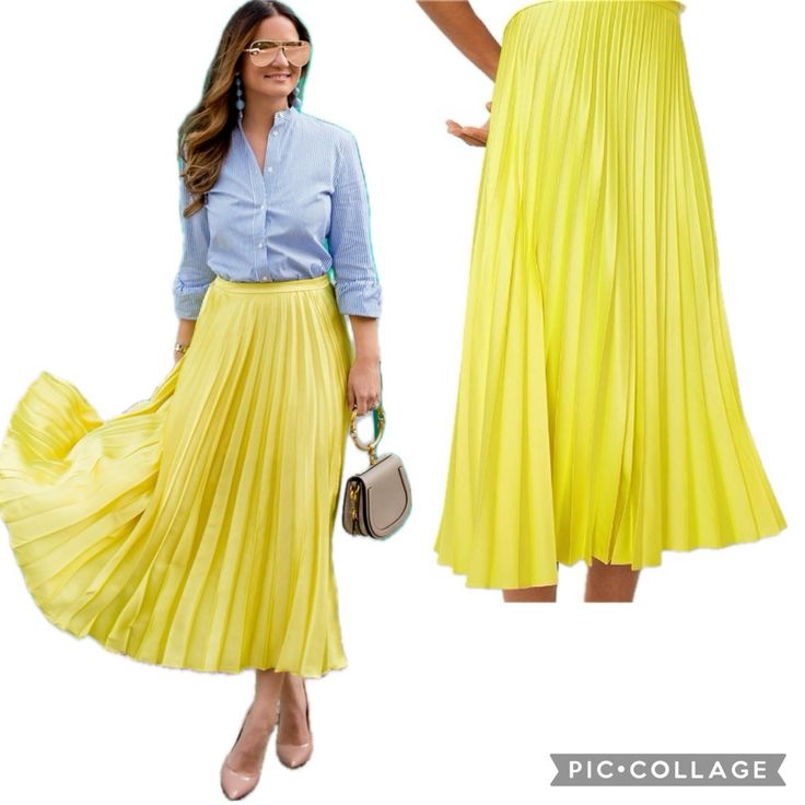 This Flattering Vintage Y2k Swing Skirt From Jaclyn Smith Has Sunburst-Style Pleats, Which Lie Flat At The Waist For A Clean, Streamlined Effect. Beautiful Lemon Light Yellow That Has A Shiny Satin Feel, High Rise Stretch Waistband And A Shorter Midi Length, Hits Below The Knees. This Pleated Skirt Is Partially Lined, Stops Just Above The Knees Giving It That Extra Layer To Pop! Lots Of Good Stretch To The Material, Very Well Made And Forgiving. This Is A Size Small, Bnwot, Doesn’t Look To Have Spring Stretch Midi Pleated Skirt, Non-stretch Long Pleated Skirt For Spring, Non-stretch Pleated Maxi Skirt For Spring, Spring Non-stretch Pleated Maxi Skirt, Non-stretch Yellow Skirt For Summer, Trendy Pleated Maxi Skirt For Spring, Trendy Long Pleated Skirt For Spring, Yellow Pleated Party Bottoms, Spring Stretch Pleated Midi Skirt